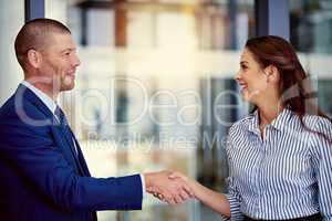 Merging together for the betterment of business. Shot of two businesspeople shaking hands in an office.
