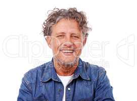Feeling relaxed and taking it easy. Studio portrait of a happy mature man wearing a denim shirt while isolated on white.