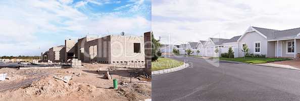 Before and after shot of homes being built in the suburbs - The house designs displayed in this image represent a simulation of a real product and have been changed or altered enough by our team of retouching and design specialists so that they are free o
