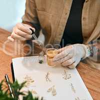 These liquid nutrients ensure my plants grow healthy and strong. Cropped shot of an unrecognizable botanist adding a liquid nutrient to a water based plant inside a glass container.