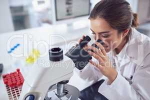 I dont see any differences in this experiment. Shot of a cheerful young female scientist looking through the lens of a microscope while being seated inside of a laboratory.