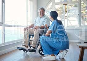 Anything special you wanna do today. Full length shot of a handsome senior man and his female nurse in the old age home.