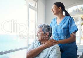 Its a beautiful day. Cropped shot of a handsome senior man and his female nurse in the old age home.