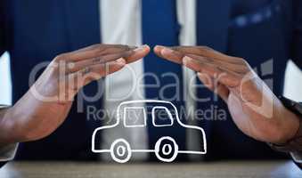 Got wheels Weve got them covered. Shot of an unrecognisable businessmans hands covering an illustration of a car.