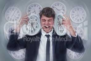 So many deadlines, so little time. A businessman screaming while surrounded by multiple clocks.