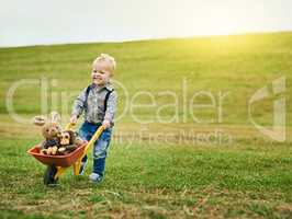 Little adventures on a big farm. Shot of an adorable little boy pushing a toy wheelbarrow filled with stuffed animals on a farm.
