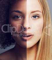 Beauty is universal. Conceptual portrait of the combined face of an african american woman and a caucasian woman.