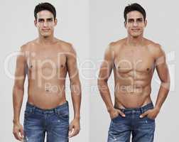 From ordinary to extraordinary. Before and after shot of a man after dieting and exercising.