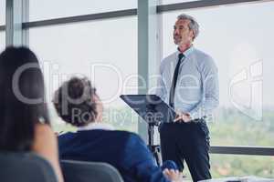 Hes talking from experience. Low angle shot of a handsome mature male speaker addressing a group of businesspeople during a seminar in the conference room.