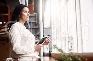 Her big dreams are on the rise. Shot of a mature businesswoman using a digital tablet in an office.