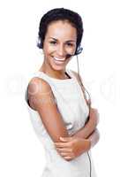 She brightens up anywhere she goes. Studio shot of a young woman wearing a headset isolated on white.