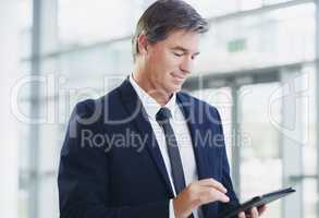 He's got plans to prosper. Cropped shot of a mature businessman using a digital tablet while walking through a modern office.