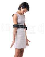 Trapped in her career. Studio shot of a businesswoman tied up with ropes against a white background.