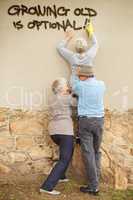 Old with an attitude. Shot of mischievous pensioners spray-painting graffiti on a wall.