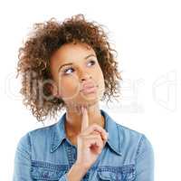 I cant imagine anything better than this.... Studio shot of an attractive young woman looking thoughtful against a white background.