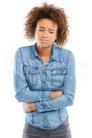 Dont let menstrual cramps get you down. Studio shot of a young woman experiencing stomach pain against a white background.