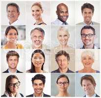 We believe in a better future. A cropped shot of people from different countries smiling together in a multitude of portraits.