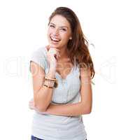 Her laughter is infectious. A pretty young brunette laughing while isolated on a white background.