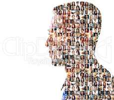 Faces of mankind. Composite image of a diverse group of people superimposed on a man's profile.