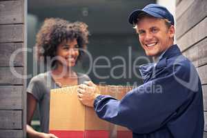 You select, we deliver. Shot of a courier making a delivery to a smiling customer.