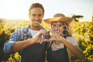 Together we can do anything. Shot of a young couple holding up their hands together making a heart shape with their crops in the background.