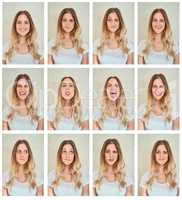 Be whoever you want to be. Composite shot of a young woman making various facial expressions in studio.
