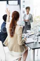 She welcomes input in her presentations. Shot of a group of businesspeople attending a presentation.