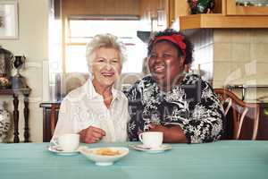 Loving this visit from my very dear old friend. Portrait of a happy senior woman having tea with her friend at home.