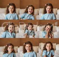 So many looks and facial expressions. Shots of an adorable little girl at home on her bed pulling various funny facial expressions.