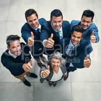 We all approve. Portrait of a group of businesspeople showing thumbs up together in an office.