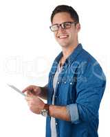 All the info I need at a touch. Studio portrait of a handsome young man holding a digital tablet isolated on white.