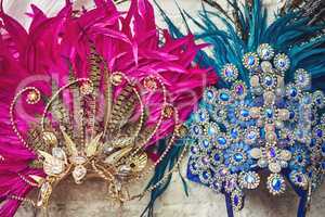 Ready for the show. Still life shot of costume headwear for samba dancers.