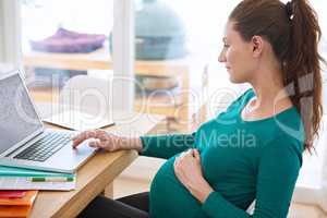 Online tips for first-time mothers. Shot of a pregnant woman using her laptop at home.