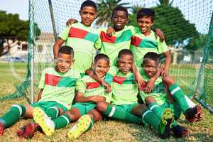 Meet the soccer stars. Portrait of a boys soccer team on a sports field.