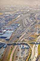 Urban transportation hub. Aerial shot of a busy rail transportation hub.