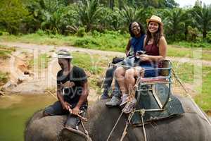 The views are so beautiful from up here. Portrait of young tourists on an elephant ride through a tropical rainforest.