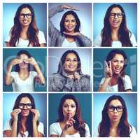 The many faces of me. Composite shot of an attractive young woman making various facial expressions against a blue background.