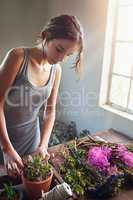 Creativity is not a talent, its a drive. A young woman tying string around a succulent.