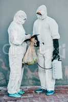 The virus fighting unit. Shot of two healthcare workers wearing hazmat suits working together during an outbreak in the city.