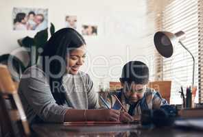 Mom makes the curriculum so much fun. Shot of an adorable little boy completing a school assignment with his mother at home.