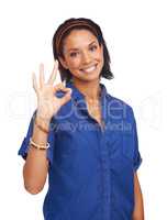 You did amazingly well. A pretty african-american woman giving you the a-okay sign while isolated on white.