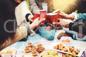 Cheers to all my good friends. Shot of a group of unrecognizable people celebrating with a celebratory toast at a picnic outside during the day.