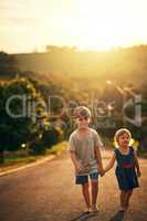 Her big brother always accompanies her everywhere she goes. Shot of an adorable little brother and sister taking a walk down the road together outside.