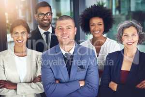 Theyre leading experts who make up a powerful team. Portrait of a team of corporates standing together in an office.