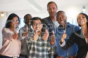 Feeling positive about their career choice. Portrait of a group of happy creative colleagues showing a thumbs up together in the office.