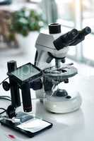 The equipment you need is ready. Still life shot of two microscopes placed in a laboratory.