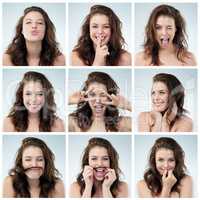 Shes perfect in every single way. Composite image of a young woman doing different expressions.