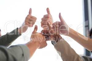 A covenant birthed by mankind. Shot of a group of unrecognizable businesspeople showing the thumbs up against a white background.