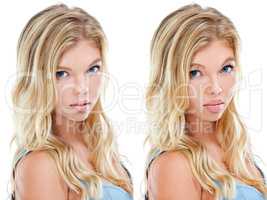 Who said beauty cant be bought. Comparative composite image of a before and after plastic surgery picture of a young woman.