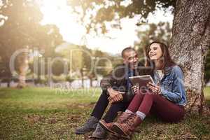 Peaceful mornings together. Shot of a cheerful young couple sitting down under a tree with a digital tablet outside in a park.